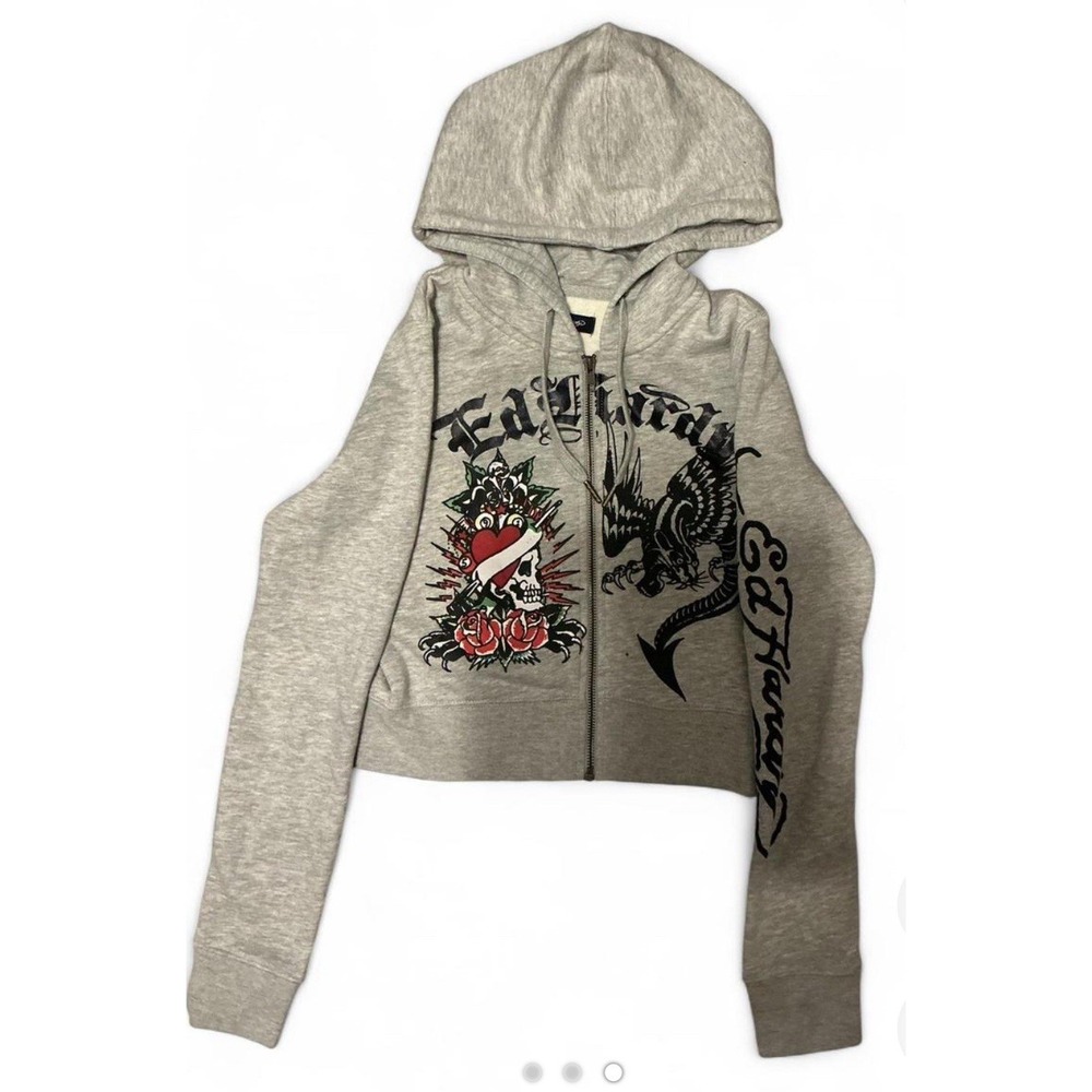 Ed hardy Grey cropped‎ hoodie with black gold dragon design